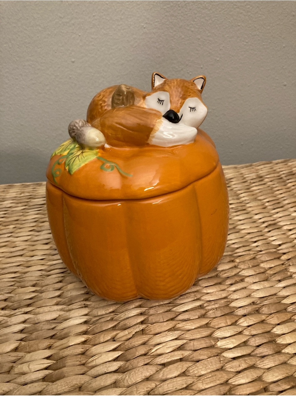 Ceramic Jar with Lid Fox Sleeping On Top Of Pumpkin